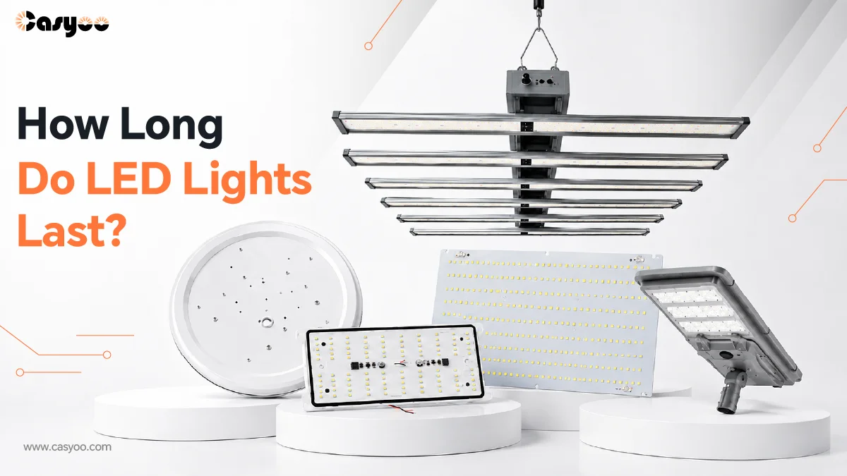 Casyoo LED lighting product lineup including grow lights, panel lights, and street lights