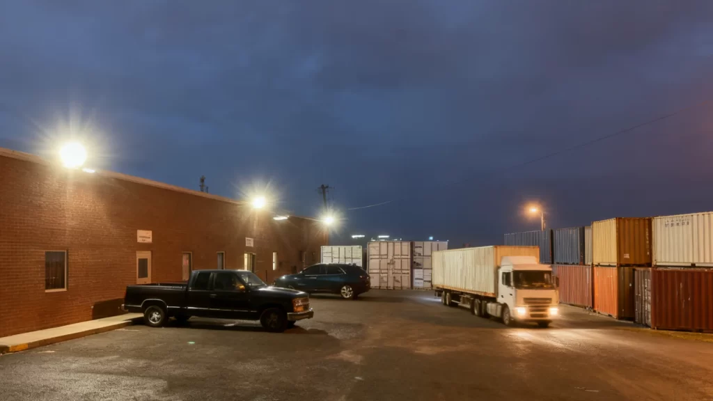 Night view of a Phoenix industrial park warehouse yard with trucks and containers, illuminated by Casyoo Helios Max all-in-one solar street lights.