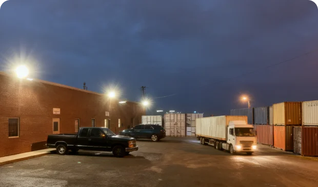 Night view of a Phoenix industrial park warehouse yard with trucks and containers, illuminated by Casyoo Helios Max all-in-one solar street lights.
