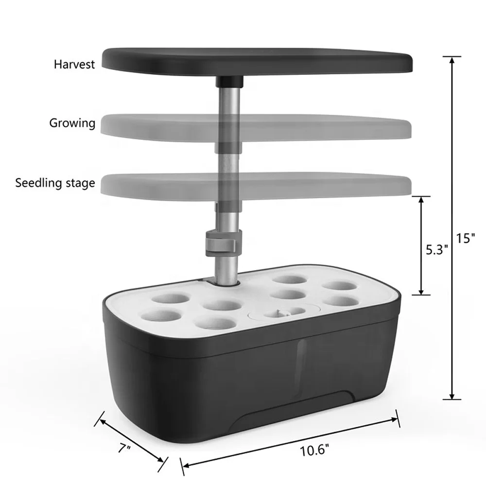 SU003 8-pod smart hydroponic garden size chart with adjustable grow light height