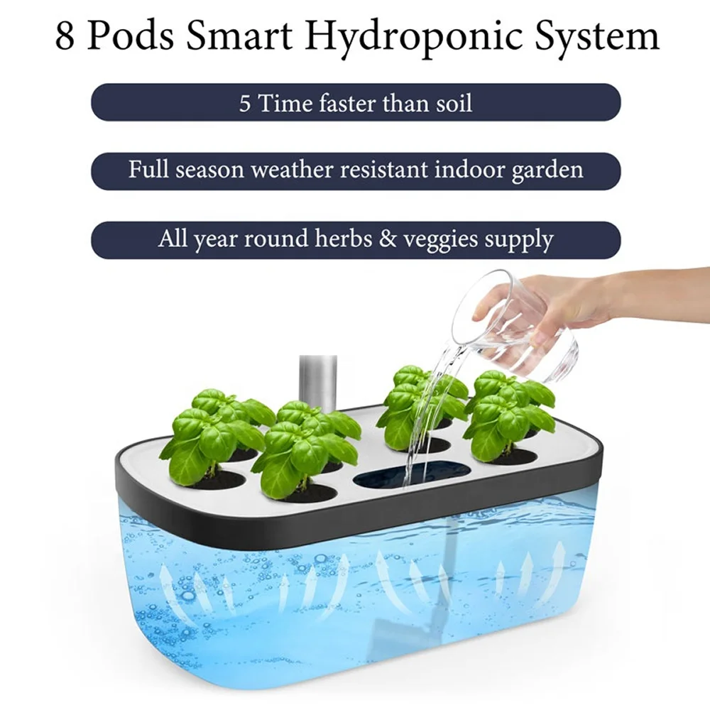 SU003 8-pod indoor hydroponic system showing water fill and pump circulation