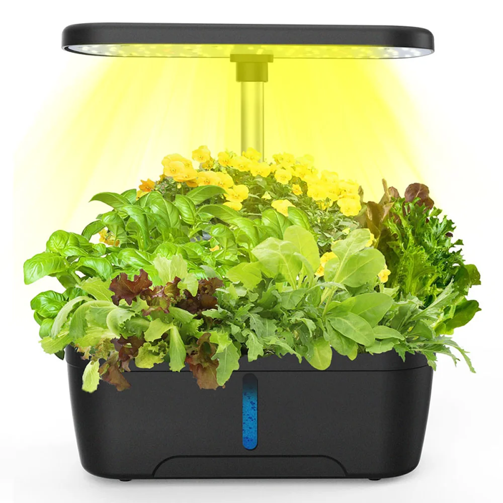 SU003 8-pod indoor herb garden growing leafy greens under LED grow light