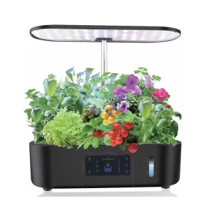 Black SU004 13-pod indoor hydroponic garden with LED grow light and mixed plants