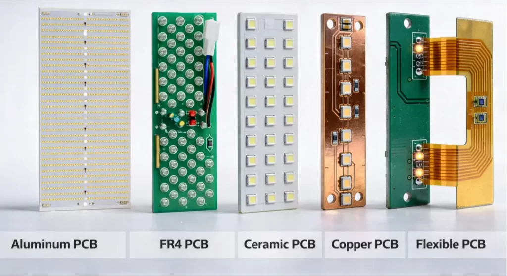 Materials used in LED PCB manufacturing including aluminum PCB and copper layers