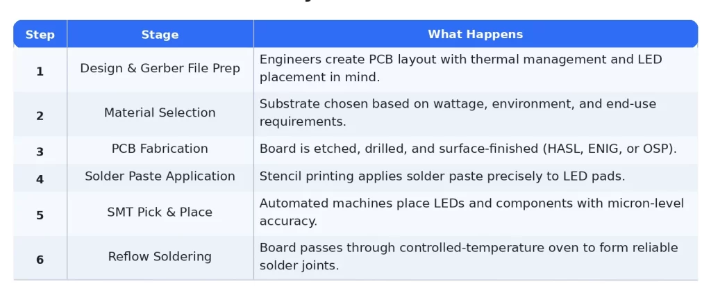 A table titled “How the LED PCB Assembly Process Works” showing 6 assembly stages, including design and Gerber file prep, material selection, PCB fabrication, solder paste application, SMT pick and place, reflow soldering.