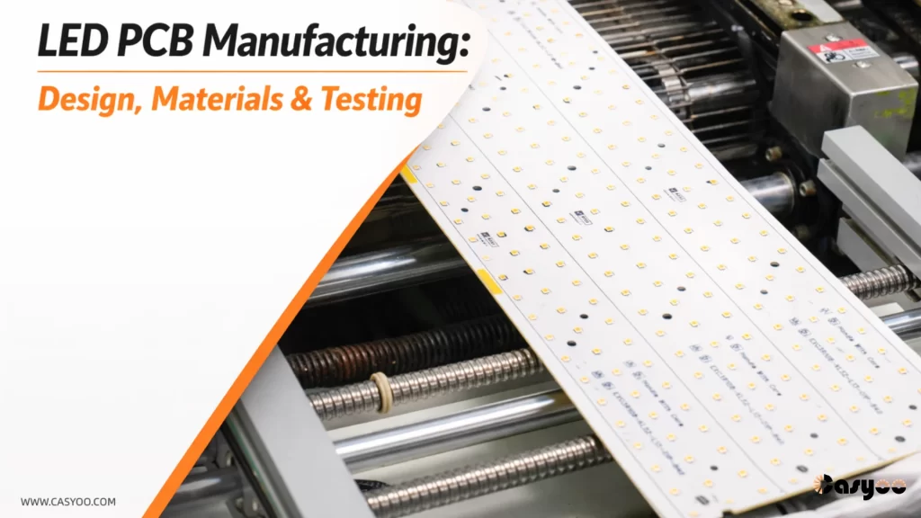 Blog cover for LED PCB Manufacturing: Design, Materials & Testing, featuring a close-up of an LED PCB board in an automated manufacturing machine with Casyoo branding.