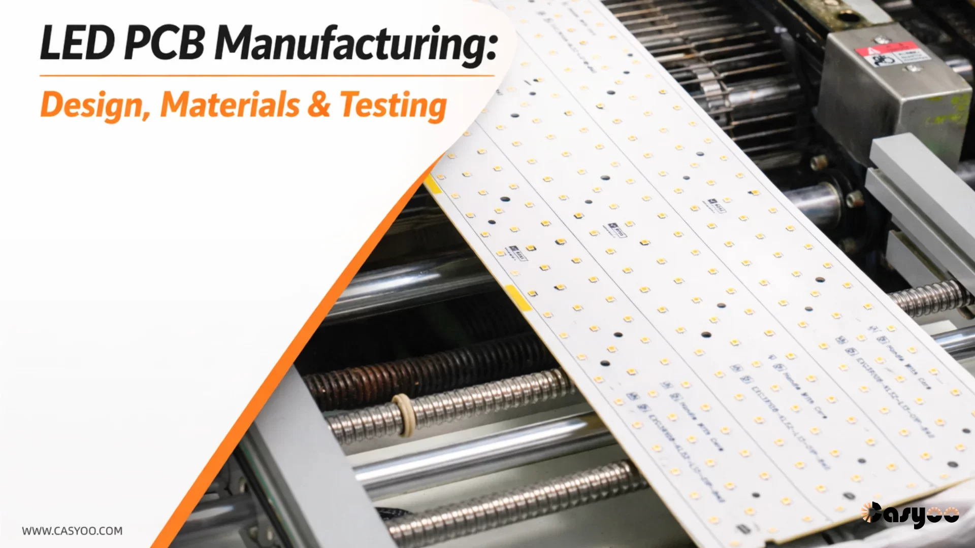 Blog cover for LED PCB Manufacturing: Design, Materials & Testing, featuring a close-up of an LED PCB board in an automated manufacturing machine with Casyoo branding.