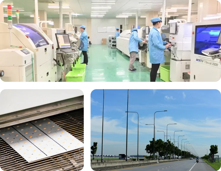 A picture contains 3 photos: PCB SMT process in Casyoo factory, street light pcb manufaturing process, street light pcb applied in roadways.