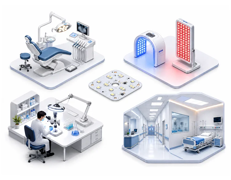 medical lighting PCB application Isometric logistics infographic