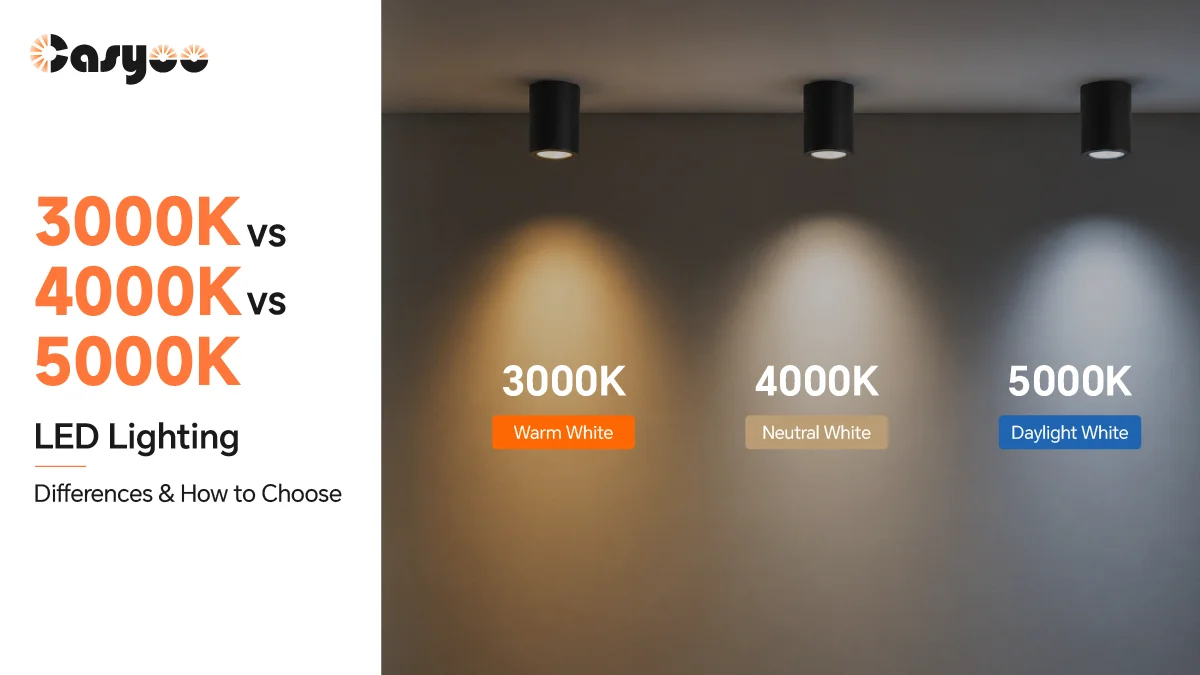 3000K vs 4000K vs 5000K LED lighting showing warm white, neutral white and daylight white color temperatures.