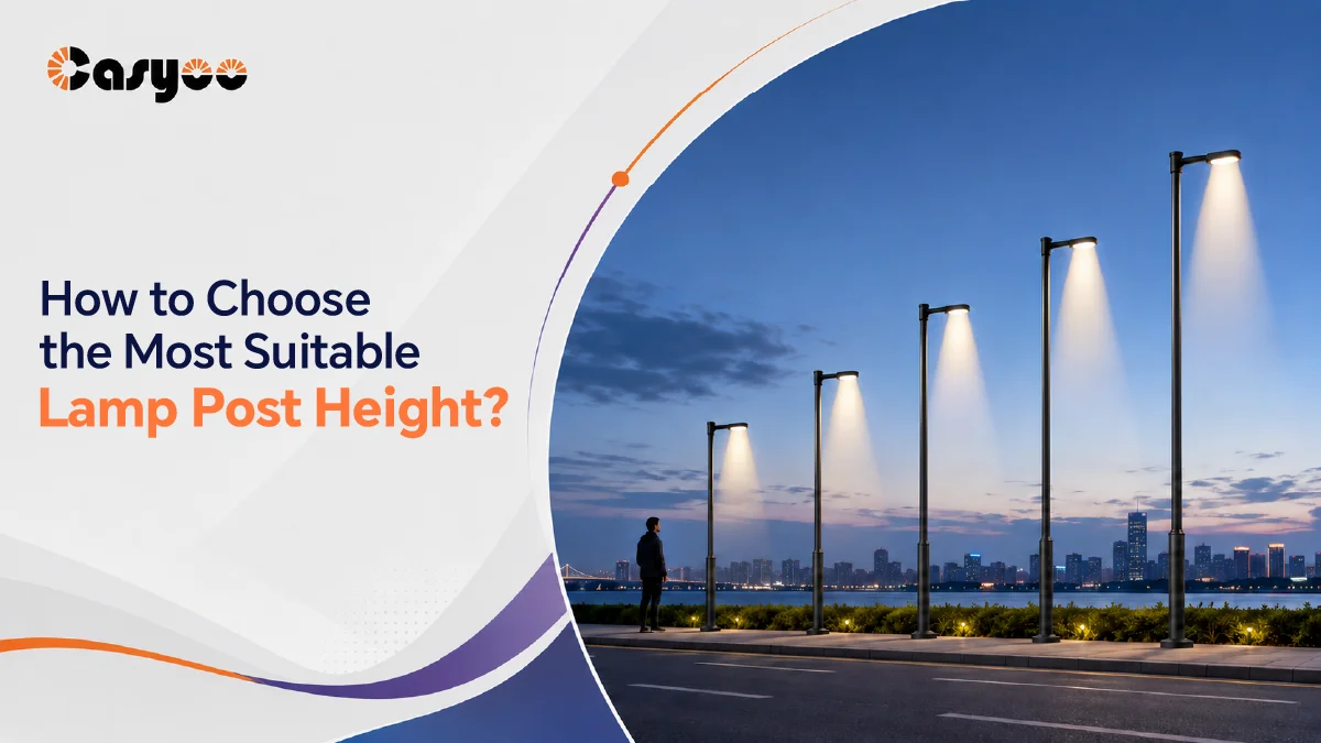 Lamp posts of varying heights lighting a road at dusk