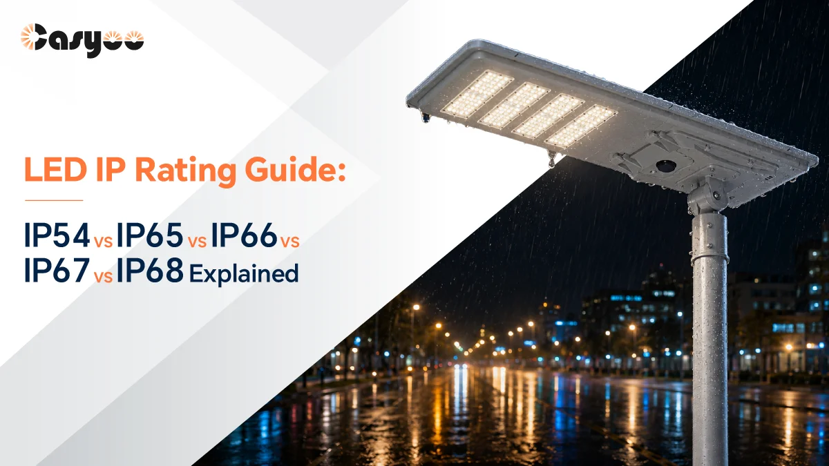 LED IP rating guide comparing IP54, IP65, IP66, IP67, and IP68 for street lighting